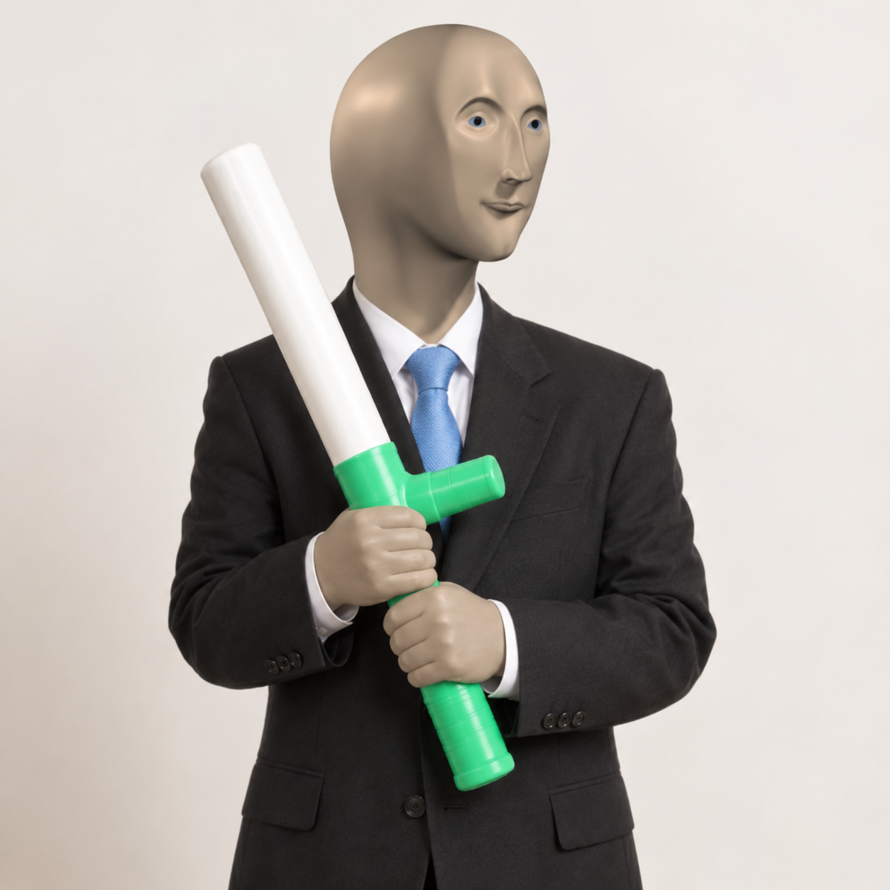 A smooth mannequin in a suit holding a bright green baton